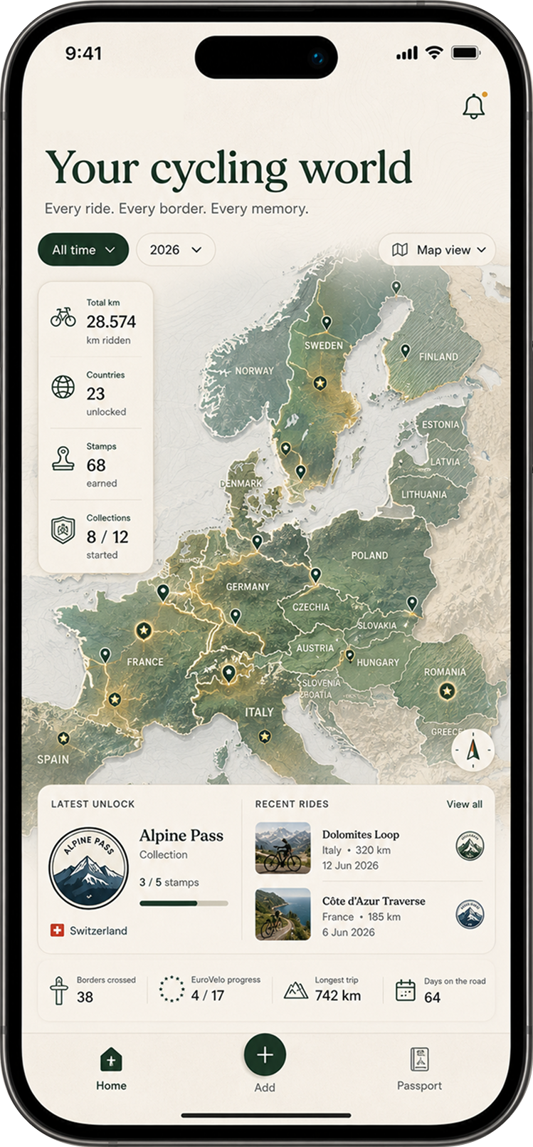Velo Passport app — home screen showing your cycling world across Europe